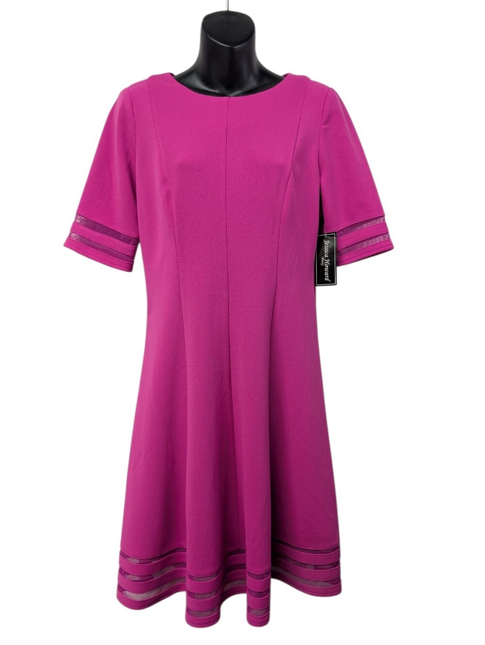 Jessica Howard Womens Pink Flare midi Dress Mesh Accent Short Sleeve Size 8 NWT